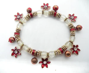 KC Kenneth Cole Christmas Poinsettia Crystal Charms Enamel Stretchable Bracelet - Picture 1 of 3