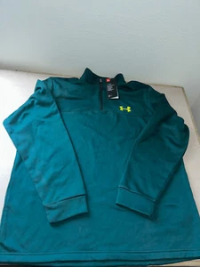 Men's L Under Armour Sweatshirt Green 1/4 Zip Mock Neck Fleece Pullover Loose - Picture 1 of 7