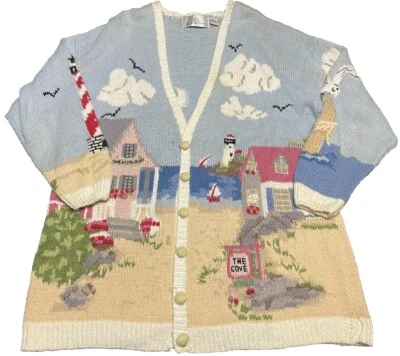 VINTAGE Design Options Sweater Womans XL Beach Lighthouse Cardigan K6 - Image 1 of 4