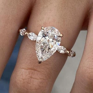 Solitaire w/ Side Stone Proposal Ring 3.2ct Pear Lab-Created Diamond 14k Gold - Picture 1 of 11