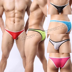 Men’s Sexy Sheer Pouch Mini Bikini Briefs Underwear Striped Gauze Thong Briefs - Picture 1 of 13