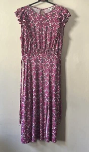 Vestido midi floral monzón púrpura verde blanco volantes sin mangas talla mediana - Imagen 1 de 15