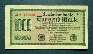 OLD BANKNOTE OF GERMANY (WEIMAR REPUBLIC) 1000 MARK 1922 BERLIN Gb 130690 OE