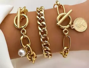Zara gold chunky 3 piece with coin pearl detail statement bracelet size 20 cm - Picture 1 of 4