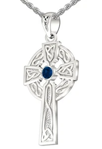 1.5in Men Sterling Silver Celtic Knot Cross Sapphire Birthstone Pendant Necklace - Picture 1 of 5