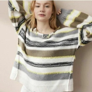 Lou & Grey Sweater Womens Small Stripe Balloon Sleeve Fringe Cashmere Wool - Picture 1 of 12