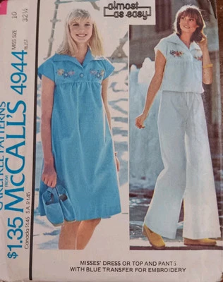 Vtg 1976 McCall's  4944 Dress Blouse Pants Embroidery Transfers Sz 10 Uncut - Image 1 of 4