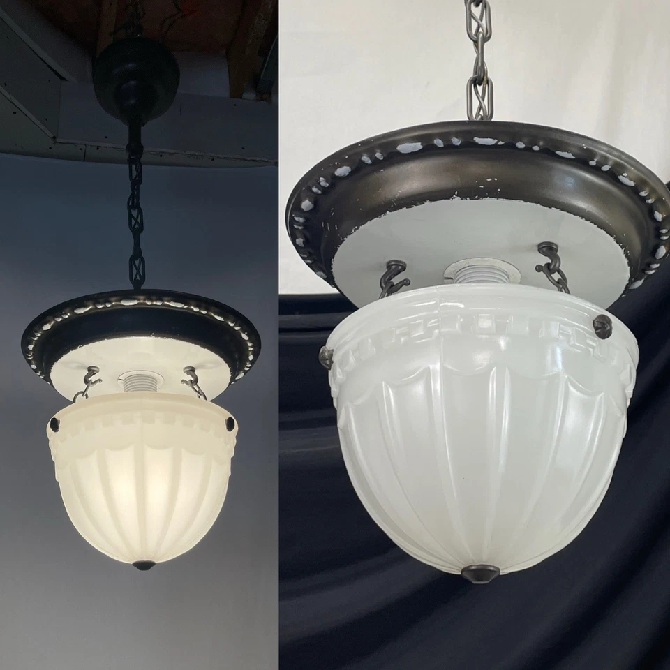 PAR DE LUCES COLGANTES ANTIGUAS RECABLEADAS Art Deco vidrio natillas de brascolite años 20’s Foto 1 de 4