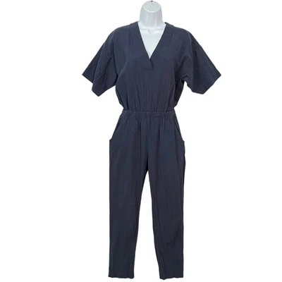 7115 by Szeki jumpsuit Blue S small V-neck Pockets Rayon Linen Womens Keyhole - Image 1 of 4