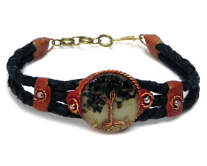 Tree of Life Chip Stone Copper Braided Leather Bracelet Boho Handmade Jewelry