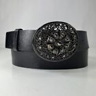 Wide Black Leather Belt - Decorative Plat Buckle - Women's Size 40