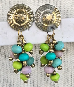 Vintage Boho Dangle Multi Color Cow Bone Bead Gold Tone Pierced Earrings 2.5" - Picture 1 of 7