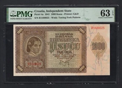 Croatia 1000 Kuna 1941 P4a Uncirculated Grade 63 - Image 1 of 2