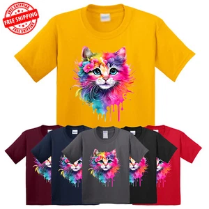 Colorful Cat Face Kids Funny T-Shirt USA Animal Lover Pet American New Gift Tee - Picture 1 of 14