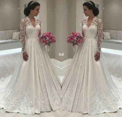 Vestidos de noiva vintage manga comprida gola V década de 1960 renda cetim linha A vestidos de noiva - Imagem 1 de 4