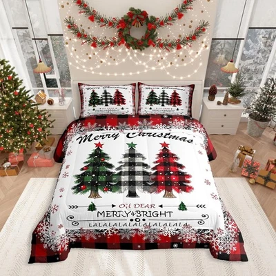 Рождественский комплект постельного белья королевского размера, красная клетка рождественские деревья комплект постельного белья 3 шт., Wi... - Изображение 1 из 4