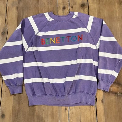 Vtg Benetton Rugby Purple Stripe Sweatshirt Logo Crewneck Women’s XL 80s 90s - Image 1 of 4
