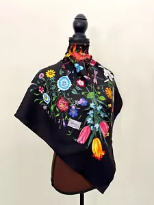 New Gucci Scarf Flora Print Black Multicolor Silk Wrap with Gucci Gift Box - Picture 1 of 16