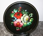 antique Russian tray, hand painted metal black floral decor