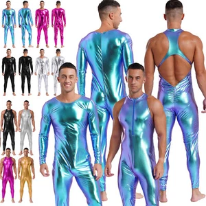 Men Metallic Catsuit Bodysuit Halloween Footless Zentai Unitard Dancewear Costum - Picture 1 of 99