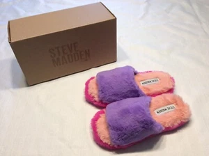 Steve Madden girls 2/3 slippers faux fur slip on Pink Purple Fuzzy Comfy New - Picture 1 of 7