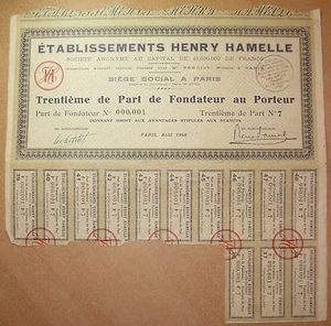 Titre Etablissements HENRY HAMELLE - Trentième de Part de Fondateur au Porteur 2 - Picture 1 of 1