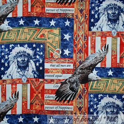 BonEful Fabric FQ Cotton Quilt VTG L Indian Native American Flag Star Eagle Bird - Image 1 of 4