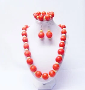 Orange Graduated w/Natural Cream Wood Beads Necklace/Bracelet/Earrings - Picture 1 of 12