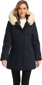 Women's Winter Duck Down Parka Ladies Padded Long Jacket Fur Hood XL NAVY - Picture 1 of 7