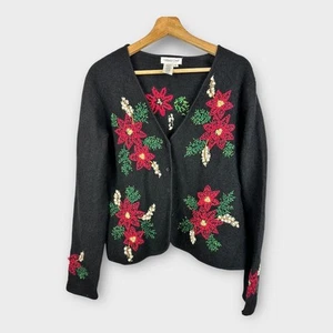 Coldwater Creek Womens size Large Poinsettia Embroidered Wool Sweater Flaw - Picture 1 of 11