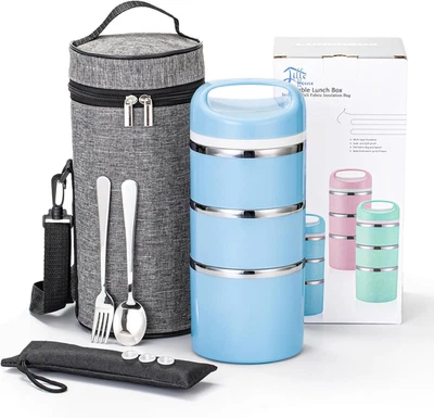 Caja de almuerzo/snack apilable de acero inoxidable con compartimento térmico, aislamiento de 3 niveles  Foto 1 de 4