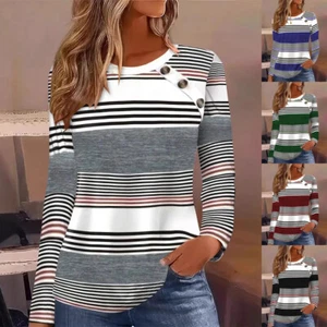 Womens Striped PLUS SIZE T Shirts Long Sleeve Loose Tunic Blouse Ladies Tops Tee - Picture 1 of 14