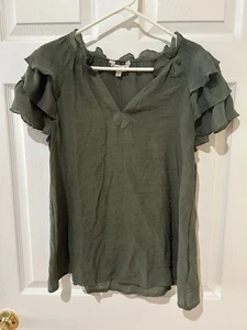 Nanette Lepore Women's Olive Green Blouse w/ Ruffle Sleeve size XL - Picture 1 of 10
