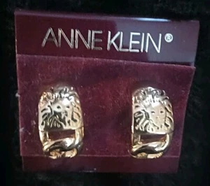 Vintage Anne Klein LION Logo Goldtone Pierced Earrings Half Hoop - Picture 1 of 5