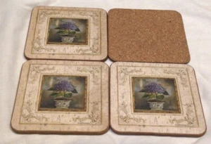 "Lote de 4 posavasos vintage con respaldo de corcho de hortensia de pimpinela en maceta cuadrados de 4""" - Imagen 1 de 6