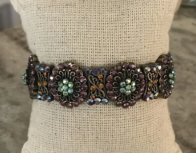 Joan Rivers Bracelet Stretch Cuff Blue Aurora Borealis Rhinestones Gun MetalTone - Image 1 of 4
