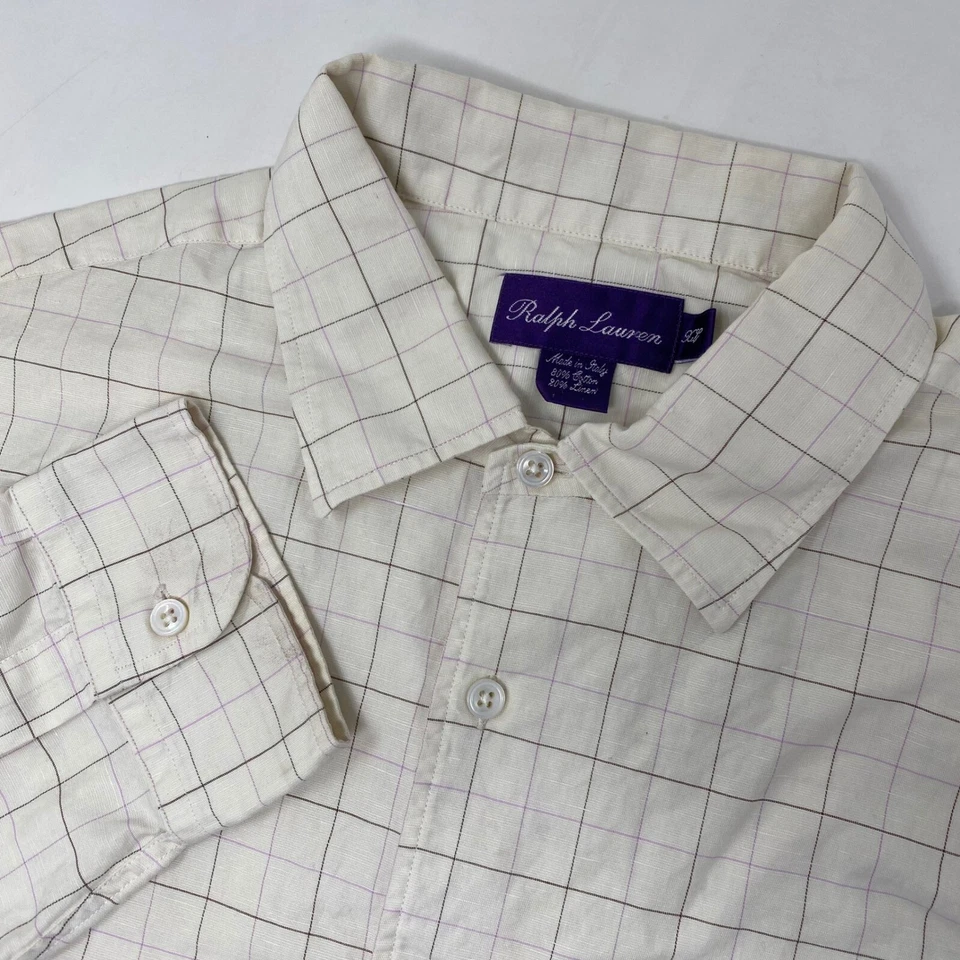 Ralph Lauren Purple Label Linen Button Up Shirt Plaid Check Made in Italy XL - Image 1 of 4