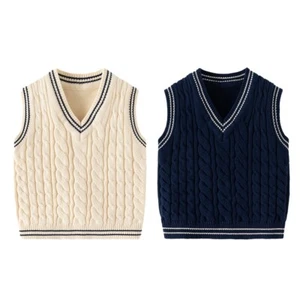2-9Y Boys Sweater Vest Cable Knit V-Neck Knitted School Uniform Kids Girls Vests - Picture 1 of 14