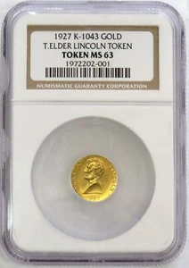 1927 GOLD LINCOLN THOMAS ELDER MEDAL NGC MINT STATE 63 K-1043 - Picture 1 of 3