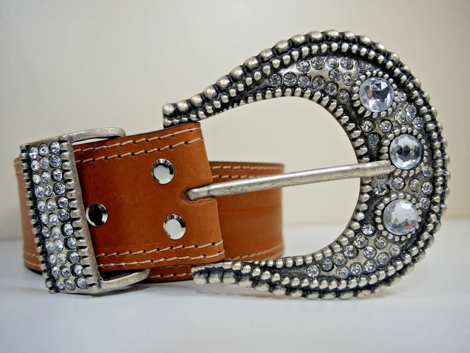 Breiter Strassgürtel in cognac - doppelt gesteppt - Wechsel-Riemen - Bild 1 von 4