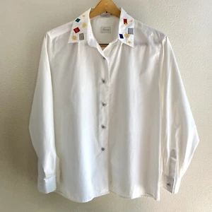 Foxcroft Nautical Theme White Button Up Shirt Women's Size 12 Embroidered - Picture 1 of 11