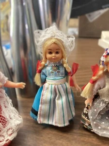 Qty 4 Vintage Dutch Swedish Doll Girl Baby Blonde Braid Sleepy Eyes Apron - Picture 1 of 3