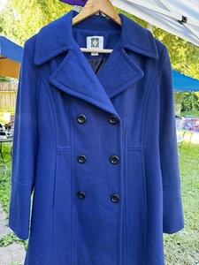 Anne Klein dunkelblaue Wollmischung Boucle Peacoat Jacke versteckte Knöpfe Gr. Medium - Bild 1 von 9