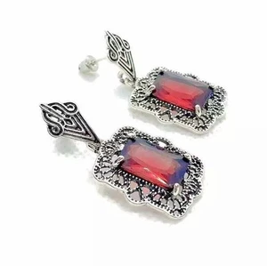 Art Deco style Garnet RED stone Antiqued Silvertone large chunky stud earrings - Picture 1 of 4
