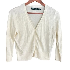 Ralph Lauren Crop V Neck Cardigan Sweater S White Cream Prep Old Money Academia - Picture 1 of 5