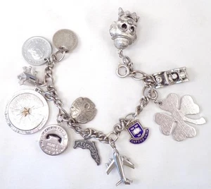 Sterling Silver Charm Bracelet 5 Sterling 7 Metal FLA Plane Car George VI Coin - Picture 1 of 24