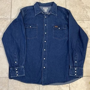 Vintage Carhartt Pearl Snap Denim Western Button Down Shirt 3XL TALL Blue - Picture 1 of 12
