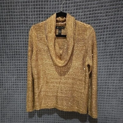 金色亮片领毛衣 尺寸 Lg 薄 轻质 金属派对 Glam Holiday — 第 1/4 张图片