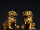 4.7" China Antique Handmade Qing Dynasty Bronze 24K Gilt Pair Lion Statue
