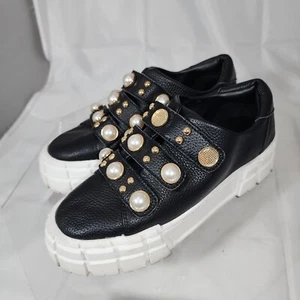 KARL LAGERFELD Cavan Embellished Leather Platform Sneakers Chunky Missing Pearls - Picture 1 of 16